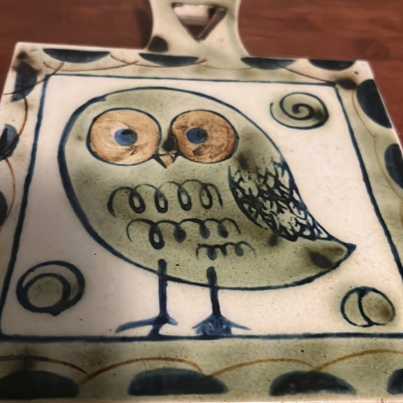 Vintage Art Pottery Owl Footed Trivet 1970s Decor Kitchen Mod Green Blue 5.5x7.5 - Picture 2 of 5
